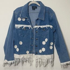 Carole little VTG denim western jacket cream lace detail, fringe, flowers.